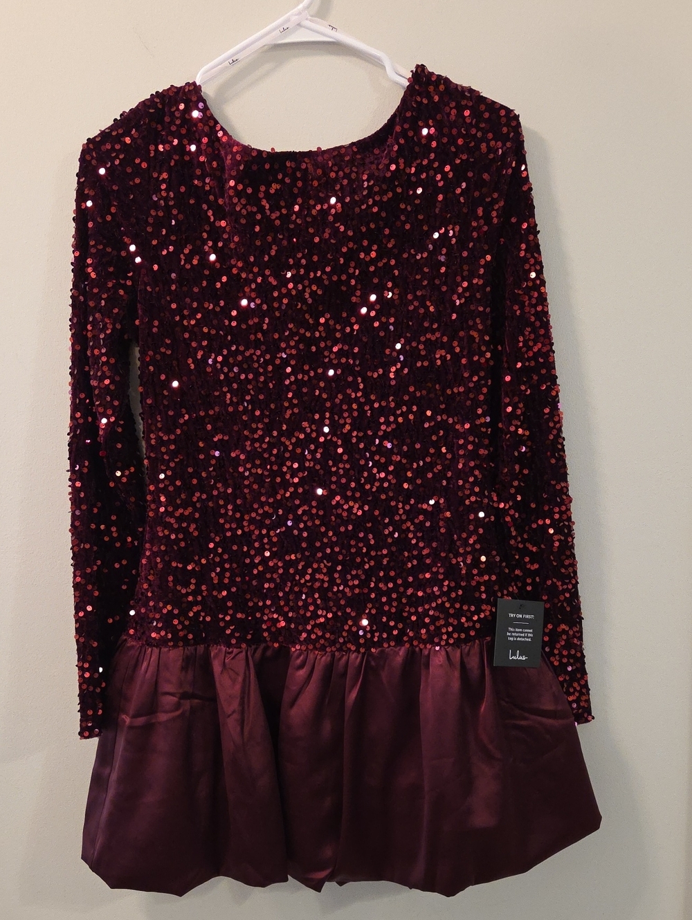 Burgundy sequin mini dress is the Lulus Event Aura, featuring long sleeves